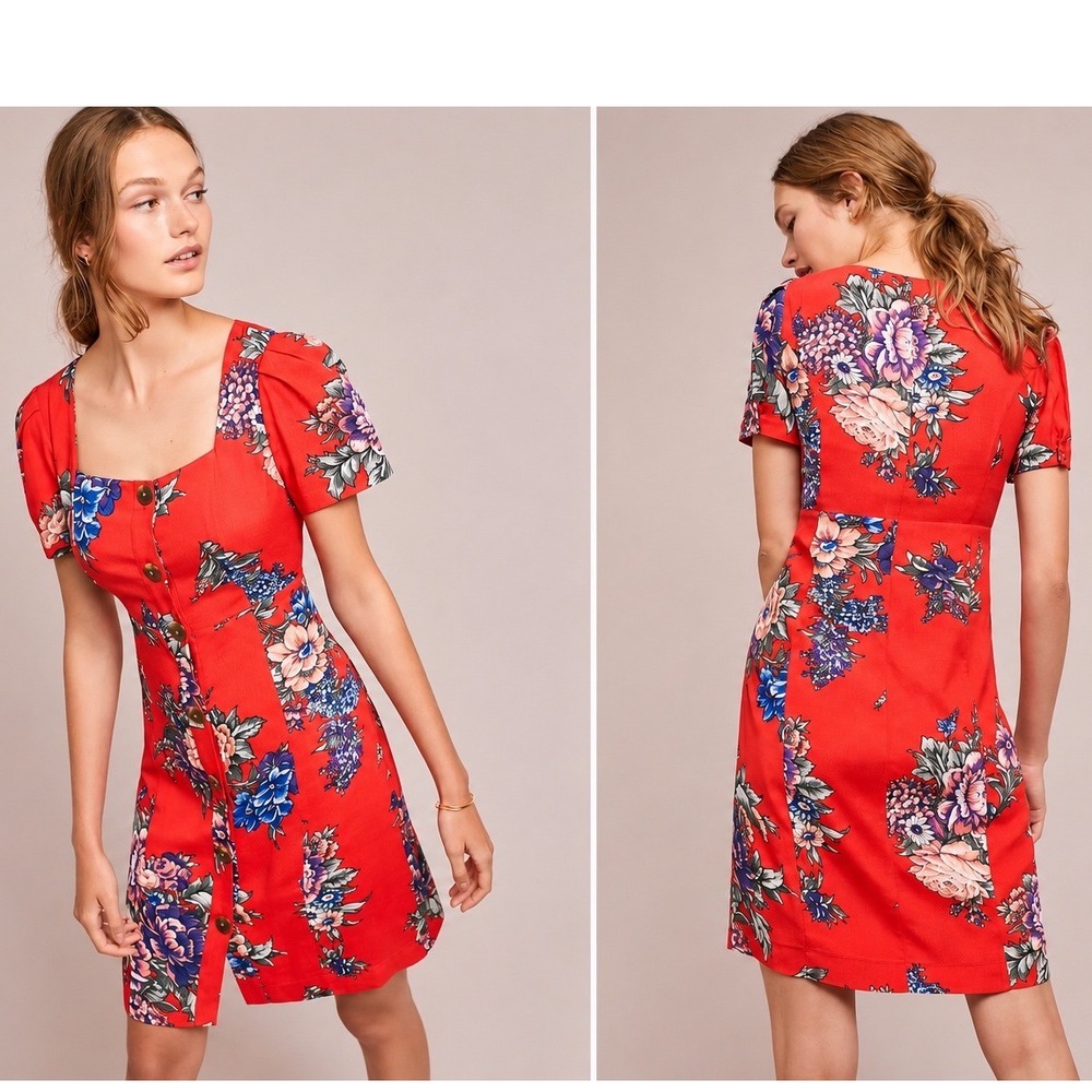 Anthropologie Maeve Caldwell Floral Button Front Square Neck Dress Size 2 Red